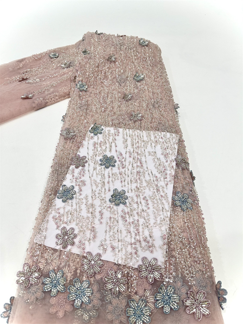 Multicolor decalca hecha a mano tubo de perlas bordado tela de malla pequeña cena de hadas fresca vestido de boda tela de vestido