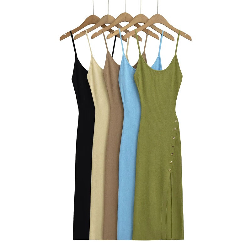 New European and American Style Sexy U-Neck Buttoned Slit Long Dress, Bodycon Slimming Slip Dress New European and American Style Sexy U-Neck Buttoned Slit Long Dress, Bodycon Slimming Slip Dress