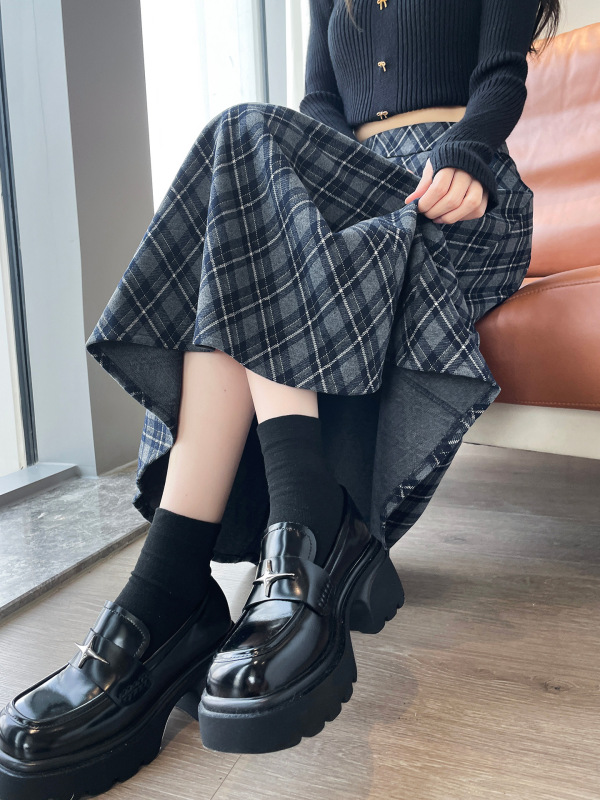 松紧腰格子半身裙女中长款2025秋冬新款显瘦蓝灰格a字半身裙A6187|undefined