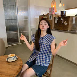 2025夏季新款温柔减龄显瘦外穿上衣韩系甜美格子荷叶边衬衫背心女