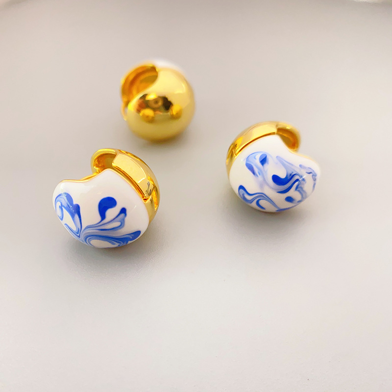 歐美新款圓球青花瓷琺瑯釉耳環女金色氣質高品質冷淡風耳環女批發