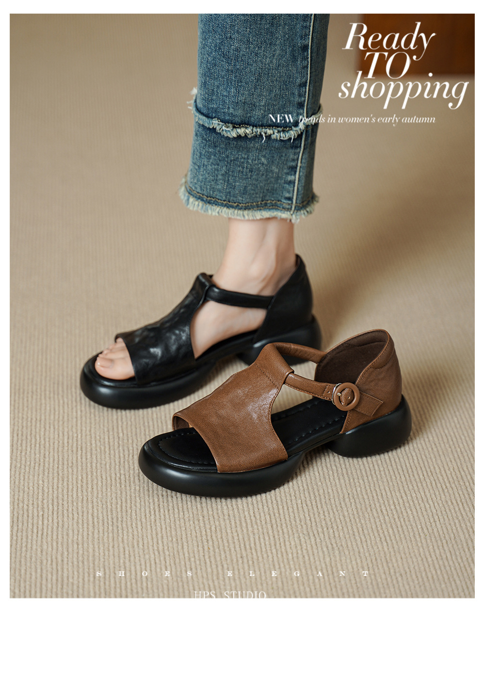 Sandal nữ da cừu mềm đế dày hở mũi, quai chữ T, gót thấp 3 cm, dán ma thuật — Vàng nâu chi tiết 2