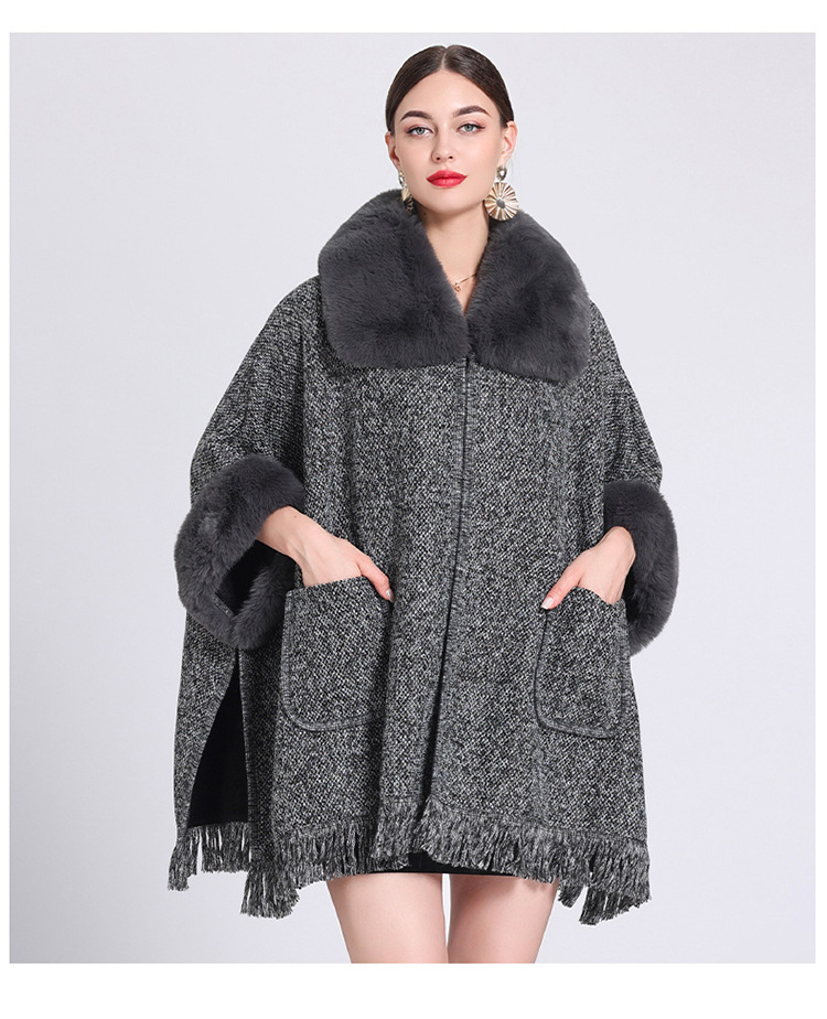 Mantella in pile extra spesso con collo in pelliccia, ampia e larga taglia, cardigan lavorato a maglia per donna_voghion.com