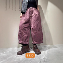 水洗棉直筒裤女 2025秋新品拼接松紧腰韩版时尚宽松百搭长裤 8830
