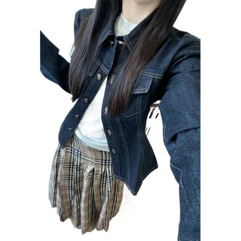 穿搭一整套打底衫休闲牛仔外套百褶格子半身裙三件套装女2025新款|undefined