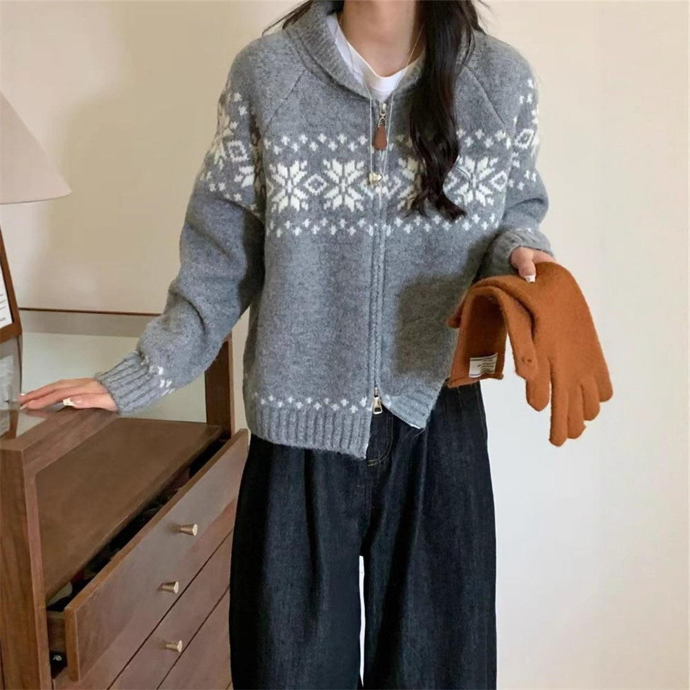 Retro Fair Island Jacquard suéter mujeres otoño invierno nuevo viento relajado doble cremallera jersey chaqueta