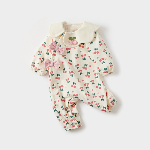 Baby Spring and Autumn Set Clothes for Girls, Onesie with Chinese Style, Birthday and 100th Day Outfit for Newborns, Long Sleeve Crawling Suit
