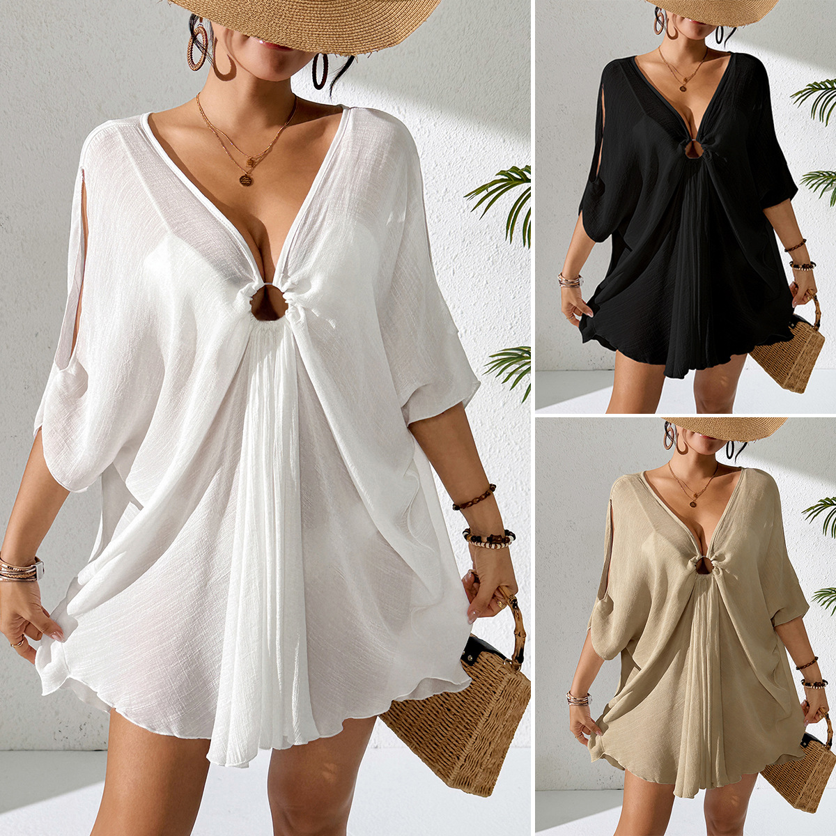 European And American Style Solid Color Beach Cover Up Women's Vacation Sun Protection With Circular V Neck Batwing Sleeves_voghion.com