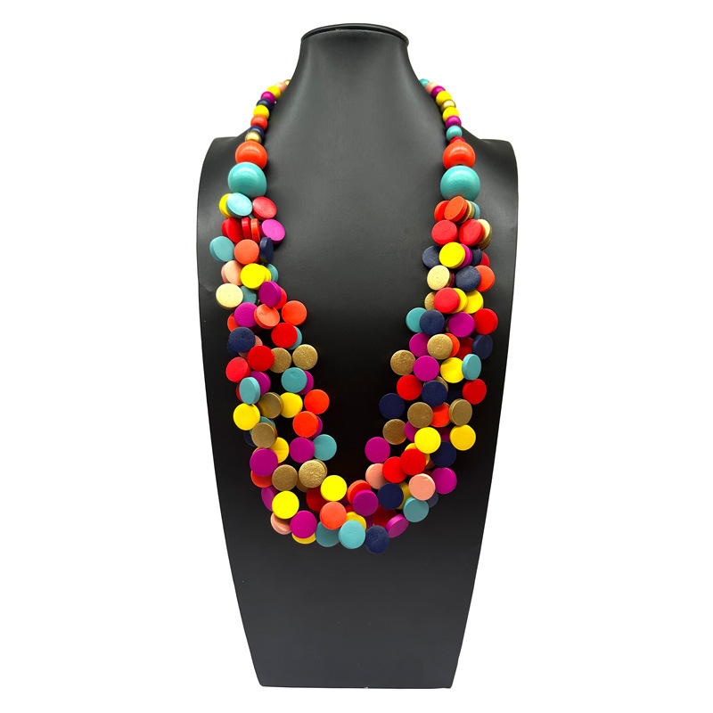 Cross-border new foreign trade exaggerated color wooden beads multi-layer handmade beaded long necklace Women's African jewelry wood