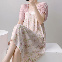 法式睡裙女夏短袖棉绸宽松大码可外穿家居服套装夏天睡衣复古长裙