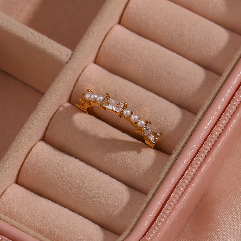 Fashion Geometric Stainless Steel Inlay Artificial Pearls Zircon Open Ring 1 Piece