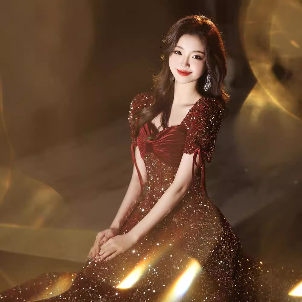 Wedding Dress for the Bride, High-End Spring and Autumn New Style, Red Wedding Dress, Runaway Princess Engagement Dress, Light Luxury Spring