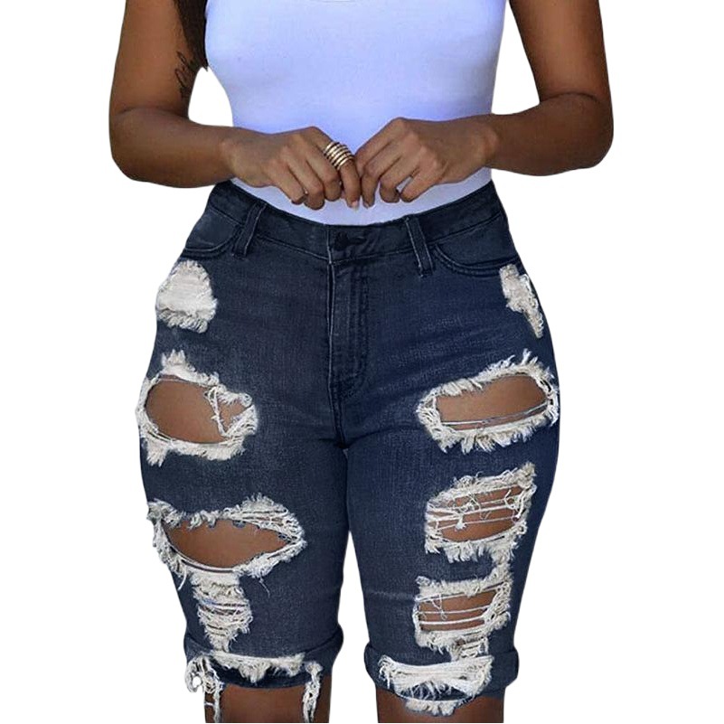 Suministro transfronterizo popular de estilo europeo y americano de moda de cintura alta pantalones cortos de mezclilla rasgados para las mujeres