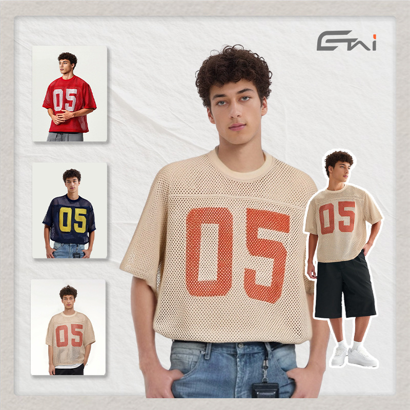 Inventario al por mayor corto y ancho modelo de malla callejera suelta manga corta impresión deportiva casual camiseta de hombre camiseta superior
