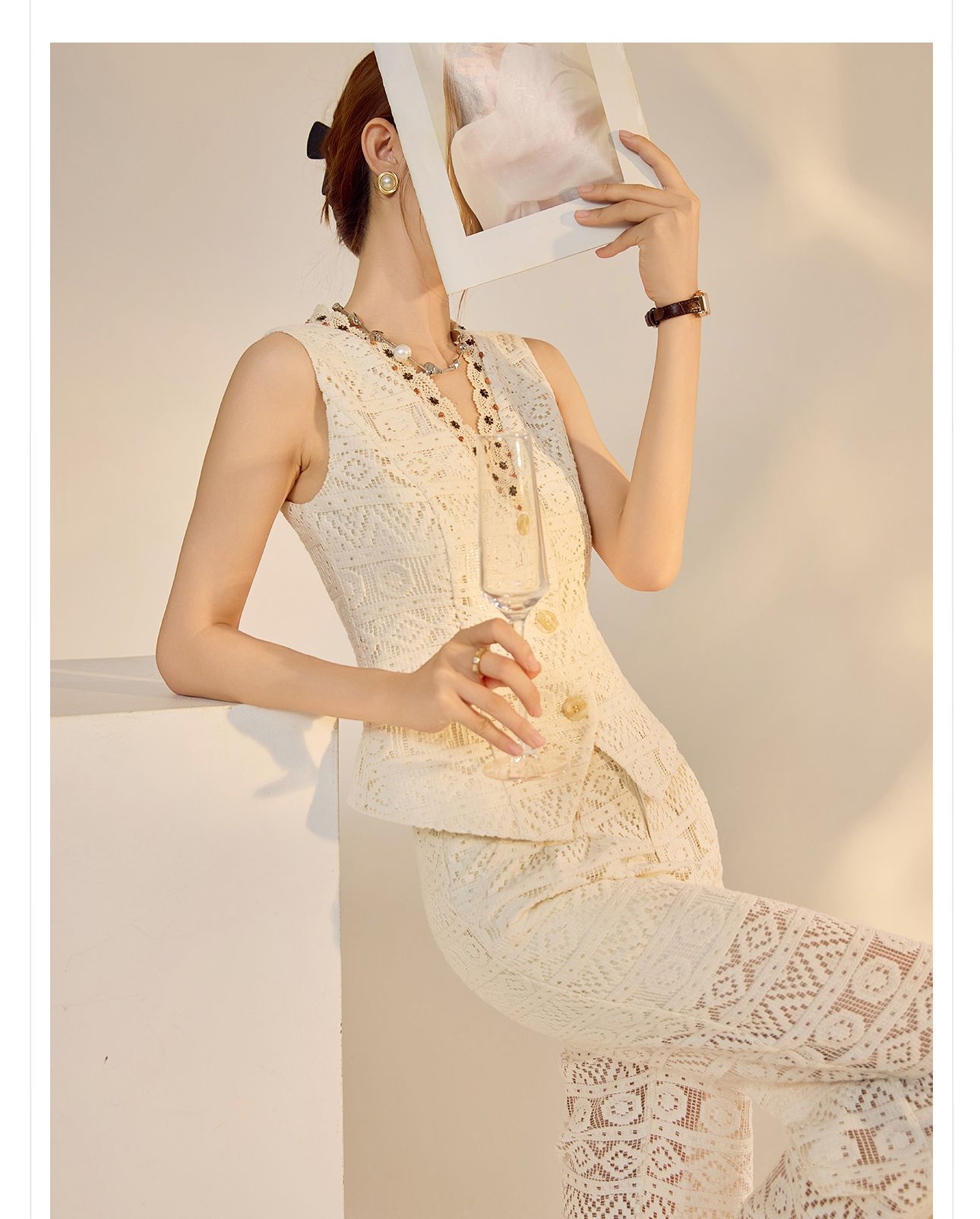 Bộ vest quần dài nữ cổ chữ V khoét lỗ phong cách retro cao cấp mùa hè 2026 — Quần dài, Vest [có dây ruy băng] chi tiết 11