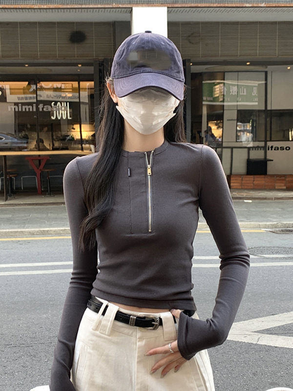 美式打底长袖上衣女早秋爵士短款辣妹酷飒拽姐掐腰T恤搭配工装裤|undefined