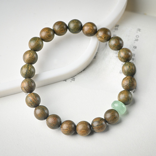Green Sandalwood Bracelet for Women, Wooden Mori-Style Bracelet, Vintage Chinese-Style Sandalwood Beaded Bracelet—Single-Turn Design for Couples, Also Ideal as a Buddhist Prayer Bead Accessory for Men