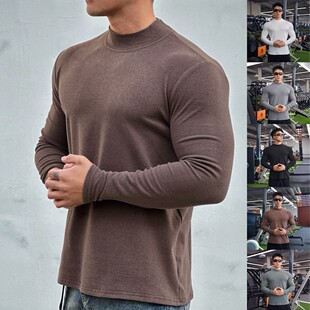 Muscle fitness brothers new autumn sports pullover double-sided velvet European size bottoming shirt running turtleneck long sleeve