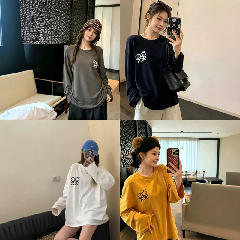 26 Korean version Jennie style stickman print long-sleeve solid color base shirt for women, round neck casual loose T-shirt
