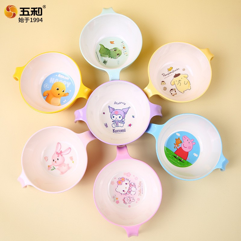 Wuhe Baby Bowl Double-Handle Bowl Food-Grade Melamine Tableware Anti-Scalding and Drop-Resistant Cartoon Children's Supplementary Food Bowl Rice Bowl Soup Bowl
