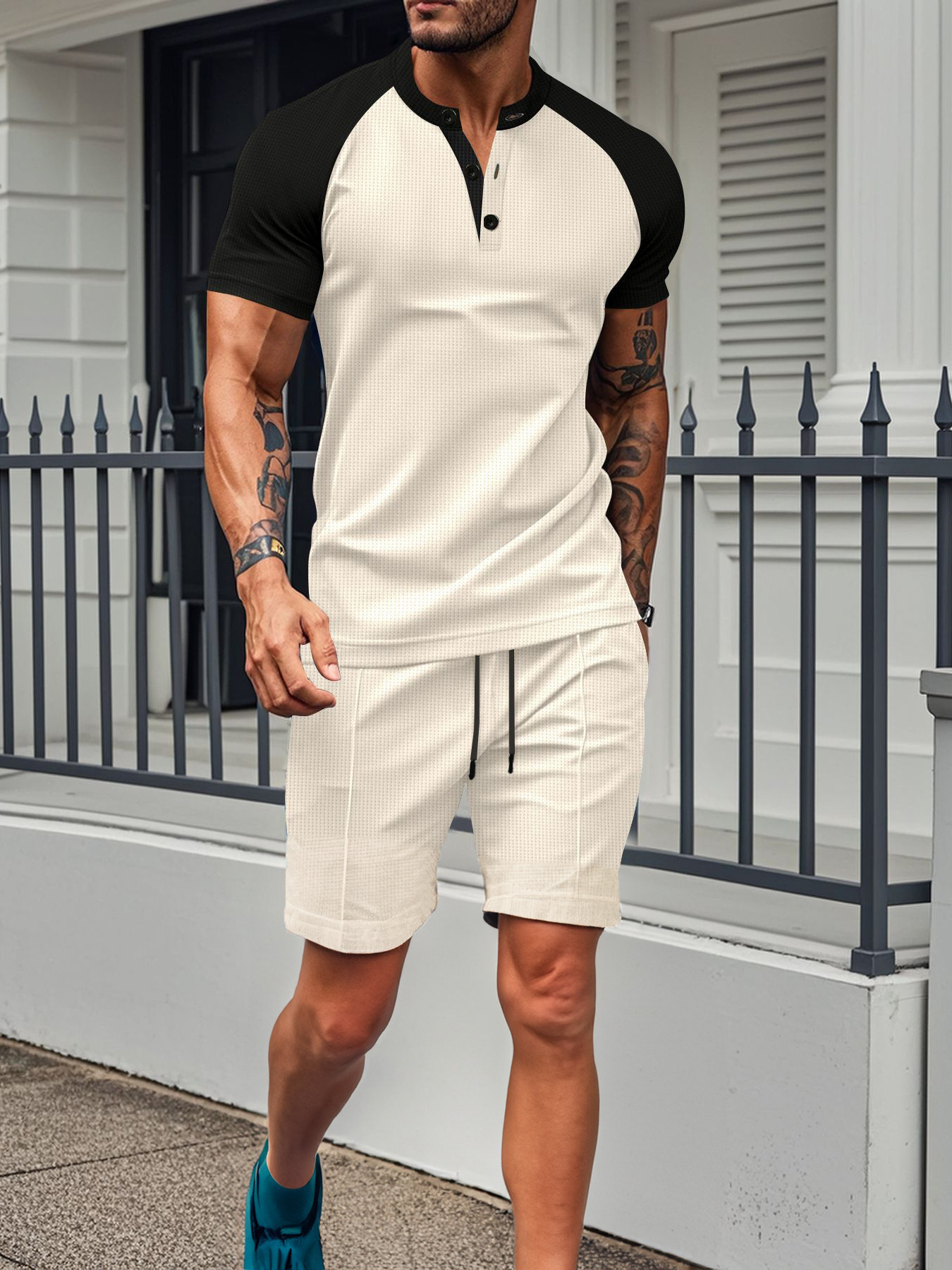 男士夏季新款华夫格亨利衫套装，短袖+短裤