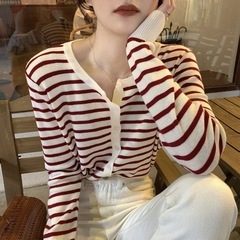 条纹针织开衫女2025春秋新款温柔风大码胖mm毛衣外套长袖打底上衣