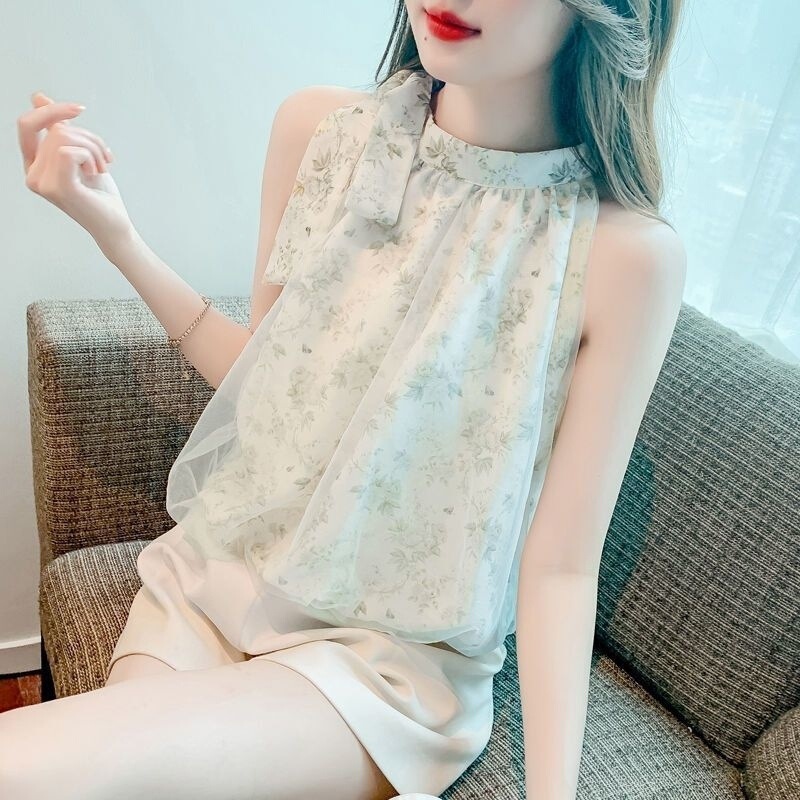 フレンチフローラルノースリーブベストシフォンシャツ女性のための夏の2025新しい韓国スタイルニッチ気質オフショルダーホルタートップ|undefined