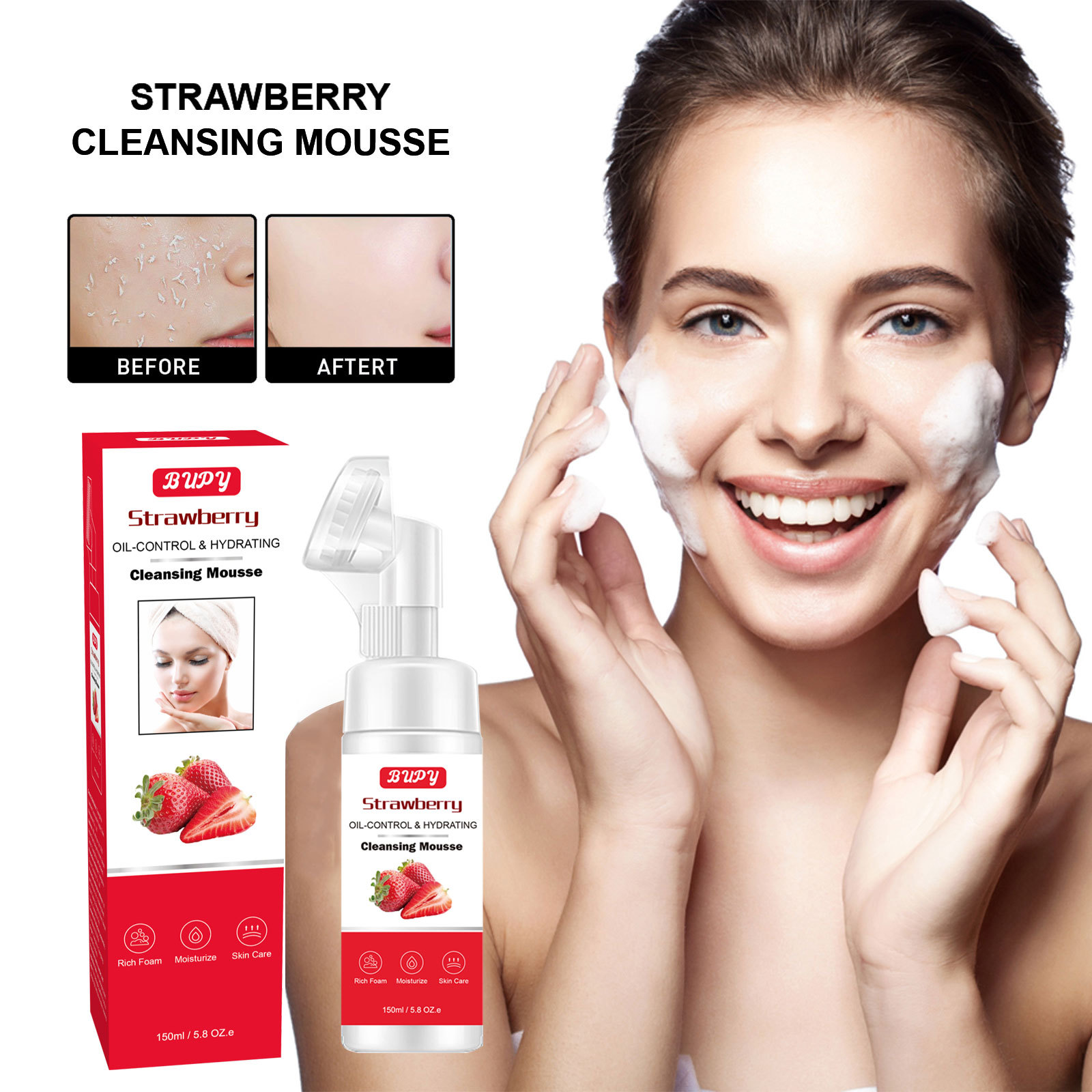 Strawberry Cleansing BUPY Mousse Facial Cleanser Sensitive skin is fresh, clean, delicate, and deeply cleansed_voghion.com