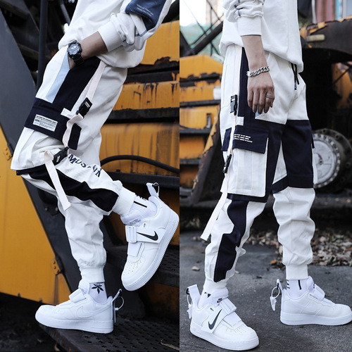 Workwear pants for men, spring and autumn new design, splicing loose trendy streetwear with INS ankle ties, 2025 model, hip-hop pants, drop shipping one piece