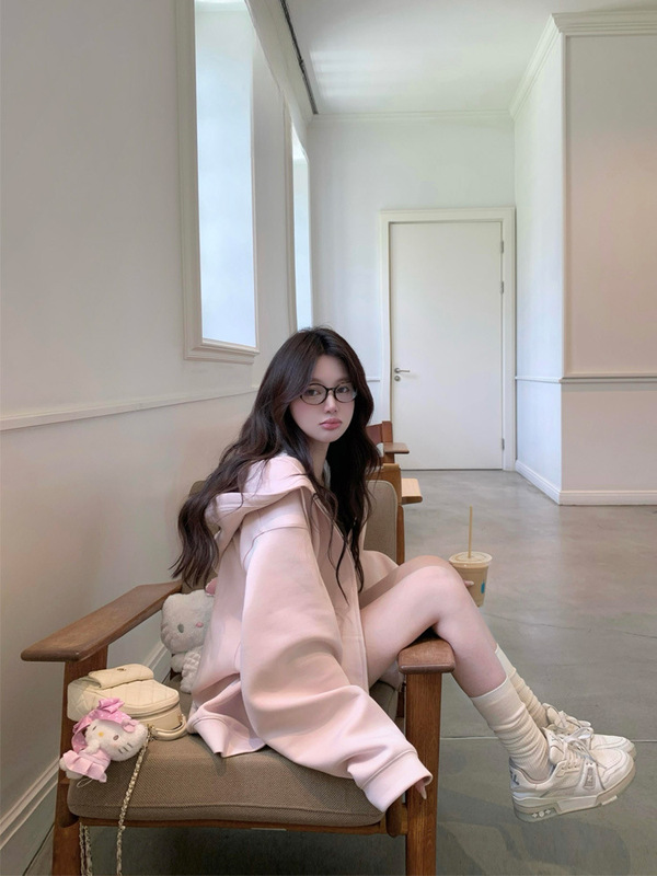 粉色连帽卫衣外套女春2025新款宽松慵懒chic秋季薄款拉链上衣|undefined
