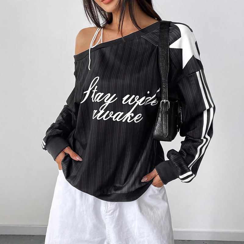 2025 American Style Slant Shoulder Strap Long Sleeve Sweatshirt Women's Autumn Sports Style Spice Girls Slim Shoulder Jersey All-match Top