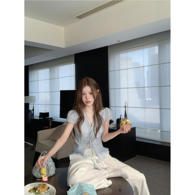 Sasaouni V-Neck Ruffled Tie Short-Sleeve Blue Shirt for Women, New Summer Style, Very Pretty Blouse