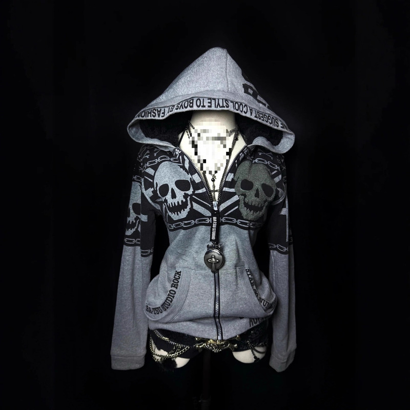 2026 Spring European and American Street Style Skull Print Long-Sleeve Hooded Sweatshirt for Women, Zip-Up Cardigan, Unique Street Jacket 2026 Spring European and American Street Style Skull Print Long-Sleeve Hooded Sweatshirt for Women, Zip-Up Cardigan, Unique Street Jacket