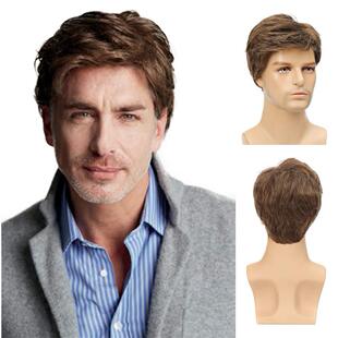 Cross-border European and American wigs men's short hair oblique bangs fashion brown chemical fiber headgear high temperature silk Xuchang manufacturers wholesale