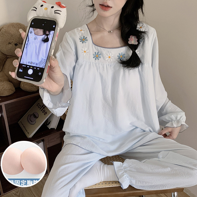 带胸垫睡衣女款春秋季韩系甜美清新长袖套装宽松休闲可外穿家居服|undefined