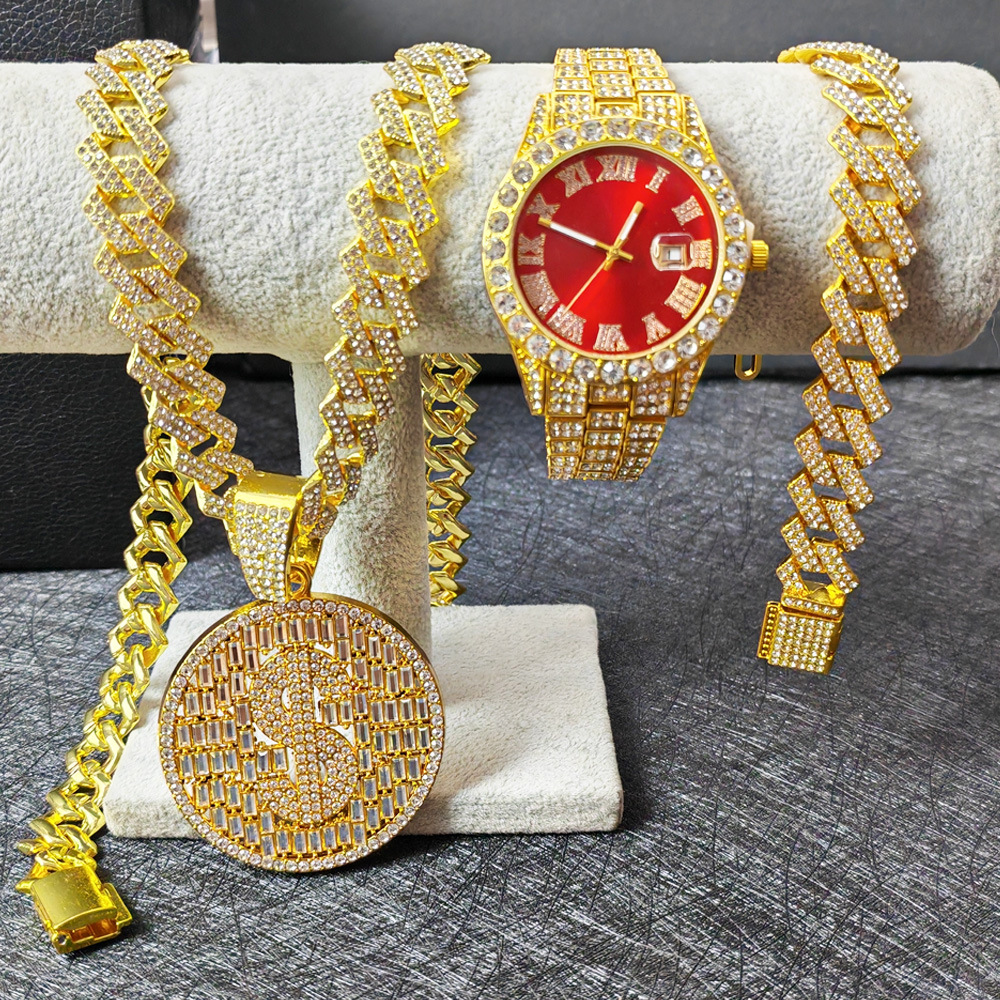 Men's Cuban Link Bracelet With Colorful Diamond Setting Gold Plated_voghion.com