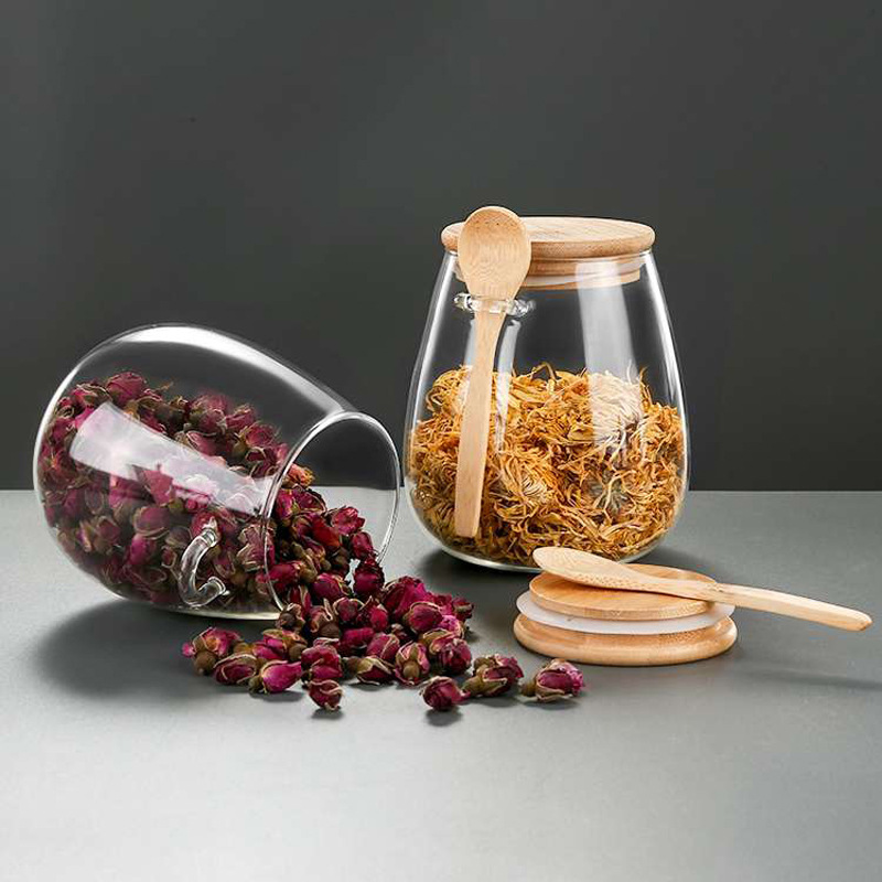 Cocina sellado tarro hogar almacenamiento tarro vidrio borosilicato condimento tarro tapa de bambú con cuchara granos tarro de té