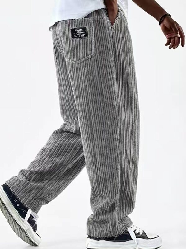 2026 Men's Corduroy Ribbed Logo Pocket Straight-Leg Pants Cross-Border Men's Clothing In-Stock Men's Casual Pants