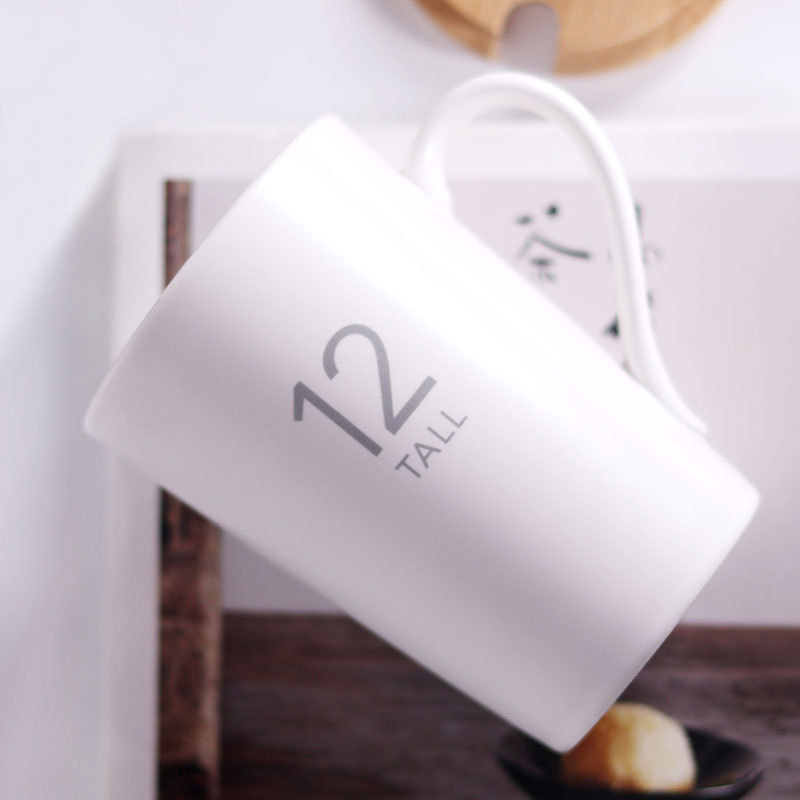 简约 陶瓷马克杯套装带盖带勺 数字陶瓷咖啡杯 批发印制logo