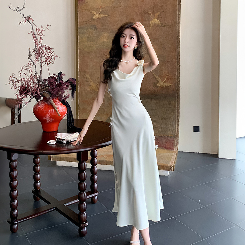 Real shot summer new acetic acid satin pure handmade three-dimensional flower suspenders hip skirt fishtail dress