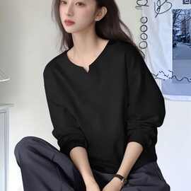 韩版纯色V领宽松卫衣女2025春秋新款简约收腰显瘦设计感打底衫潮