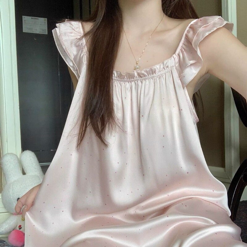 Princess-Style Small Flying Sleeve Silk Nightgown for Women 2026 New Summer Ice Silk Sweet Polka Dot Pajamas That Can Be Worn Outside in Summer