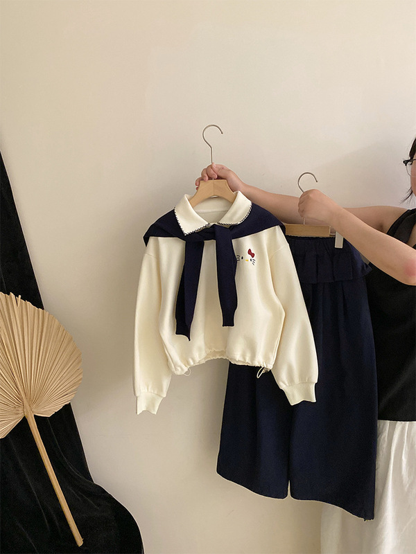 韩版女童卡通喵咪披肩POLO上衣2025秋季新款百搭宽松休闲裤三件套|undefined