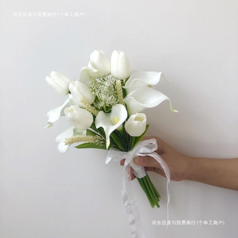 韓国造花、造花、ブライダルフォレストスタイルのブーケ、オランダカイウユリ、チューリップ、結婚式の写真撮影、証明書写真小道具|undefined