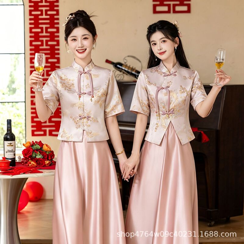 New modern Chinese-style improved national-style short-sleeve cheongsam wedding bridesmaid dress sister group retro long dress set summer gown New modern Chinese-style improved national-style short-sleeve cheongsam wedding bridesmaid dress sister group retro long dress set summer gown