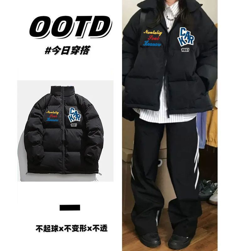 复古高街字母印花高级感立领棉服男女秋冬ins加厚保暖面包服棉袄