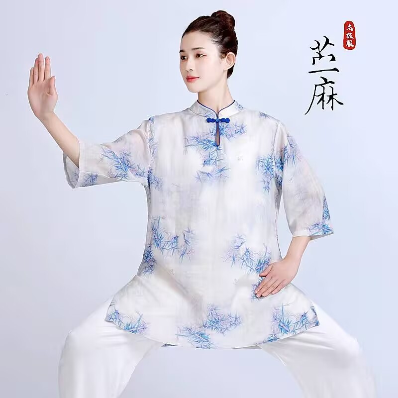 ハイエンド改良された新しい女性用ミッドスリーブ太極拳スーツ夏綿とリネンの薄い半袖ラミー太極拳練習スーツ中国風|undefined