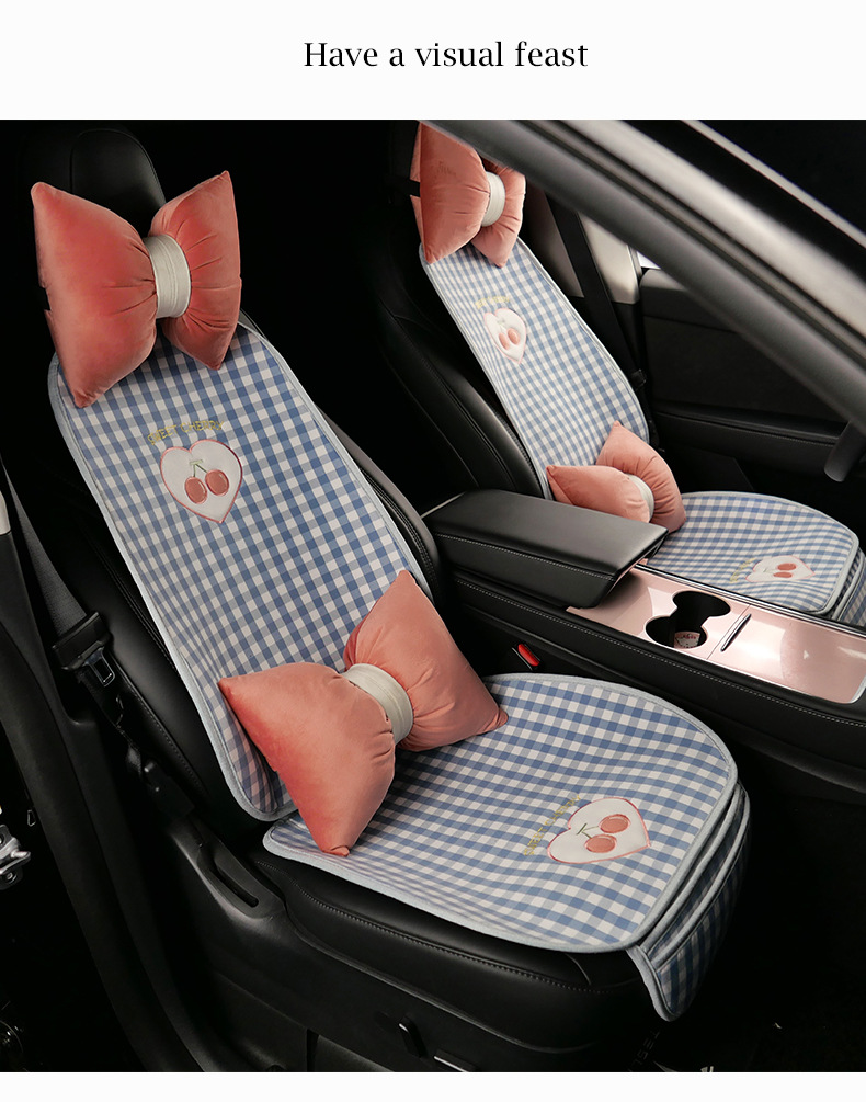 Plaid Cherry Car Cushion Four Seasons Universal Linen Single Piece Goddess Seat Cover Semi-enclosed Breathable Summer Day
