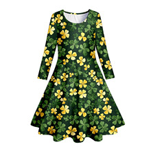 速卖通田园绿色三叶草四叶草派对公主裙3D数码印花童装长袖连衣裙