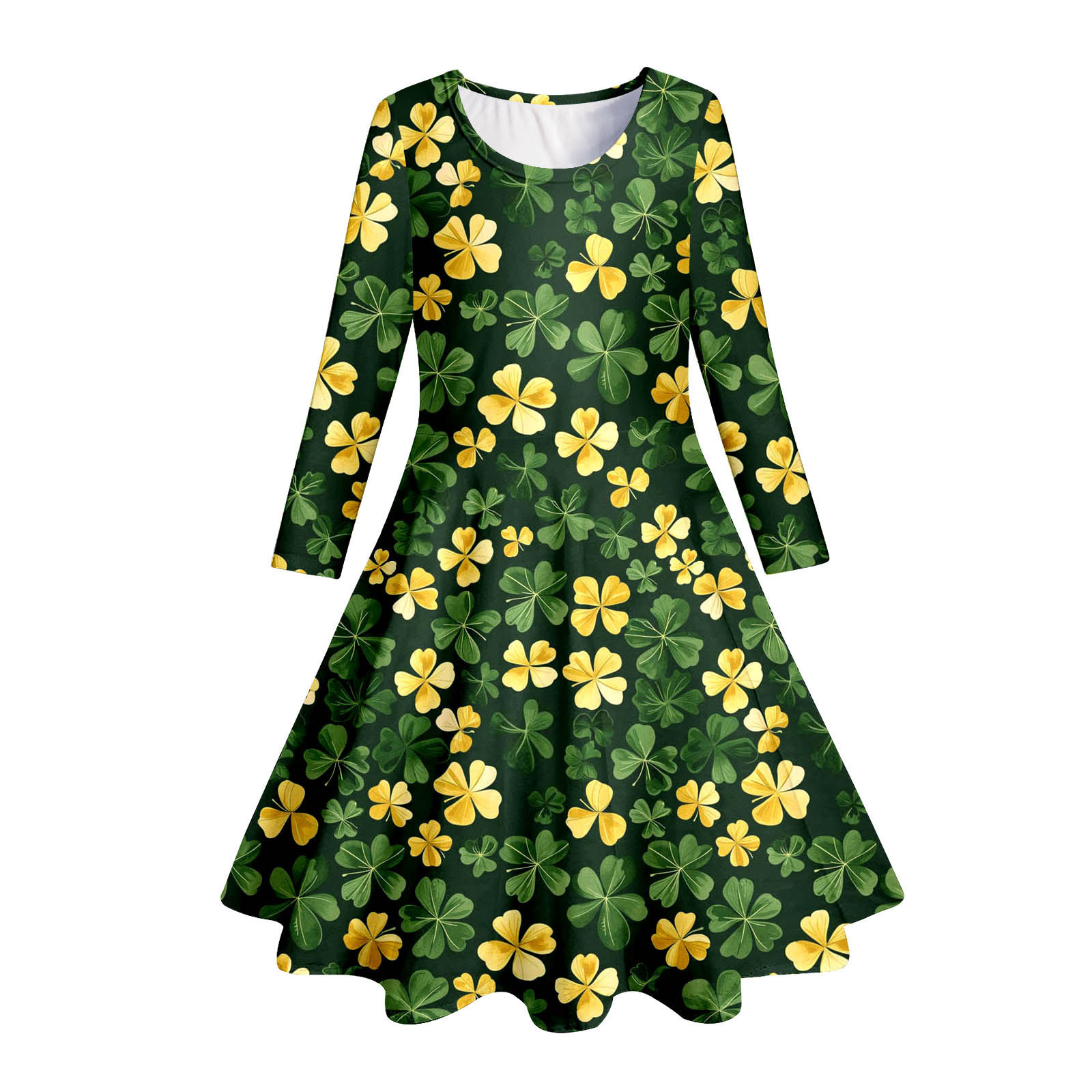 速卖通田园绿色三叶草四叶草派对公主裙3D数码印花童装长袖连衣裙